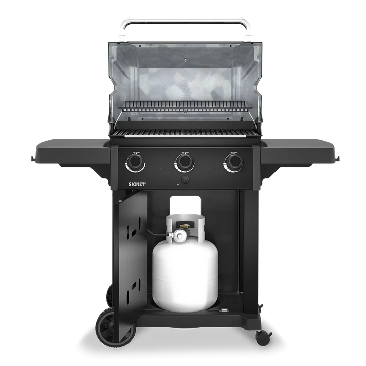 A broil king signet with the lid and door open, propane model is shown.