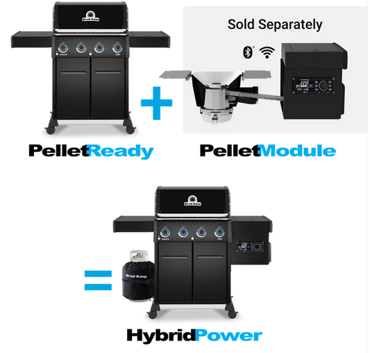 Black grill with Pellet Ready and Hybrid Power branding, featuring a separate Pellet Module on a white background.