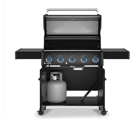 Black barbecue grill with gas tank on a white background