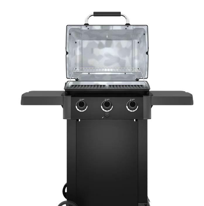 broil king bbq gem shadow with lid open to show the grills inside.