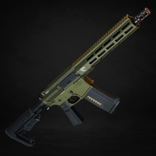 a green fossil hpa airsoft gun on a black background.