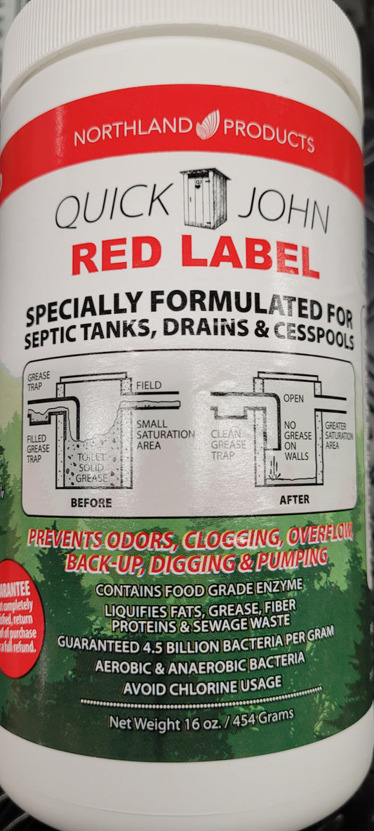 Quick John red label for septic tanks, drains & cesspools