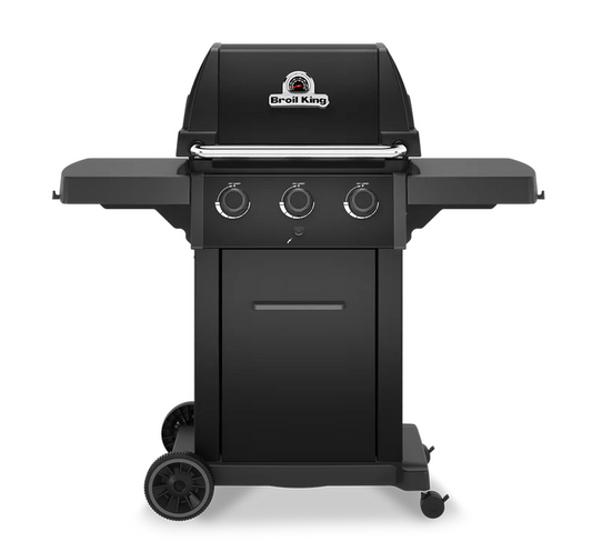 Black barbecue grill with 'Broil King' logo on a white background