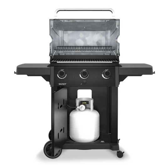 A broil king signet with the lid and door open, propane model is shown. 