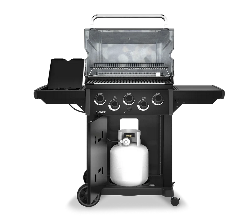 A 3 burner bbq from broil king with a side and rotisserie burner. The lids are open to show the burners inside. 