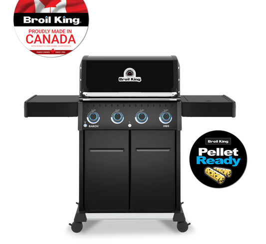Black Broil King barbecue grill with 'Proudly Made in Canada' and 'Pellet Ready' logos on a white background.