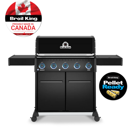 BlackBroil King grill with 'Proudly Made in Canada' and 'Pellet Ready' logos on a white background