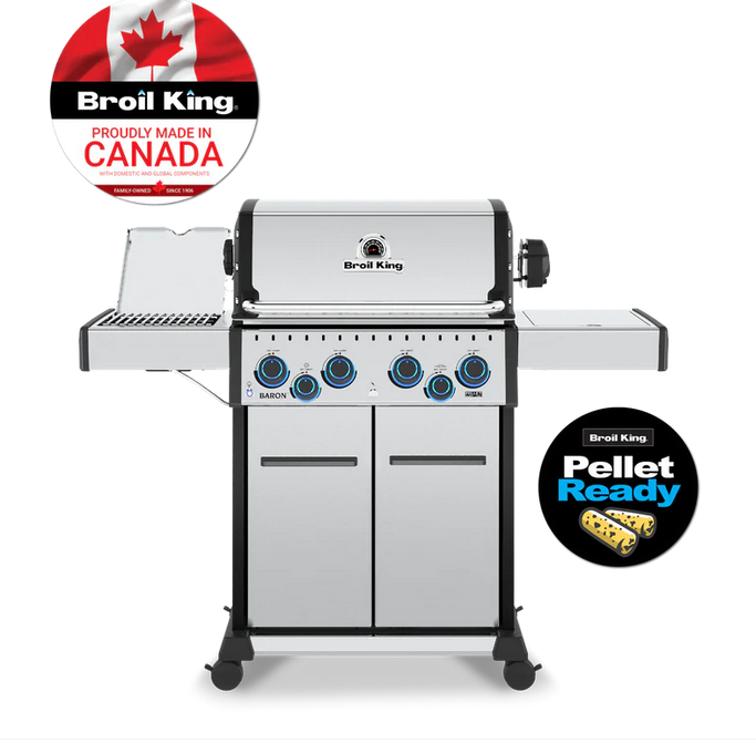 Broil King barbecue grill with 'Proudly Made in Canada' and 'Pellet Ready' logos on a white background