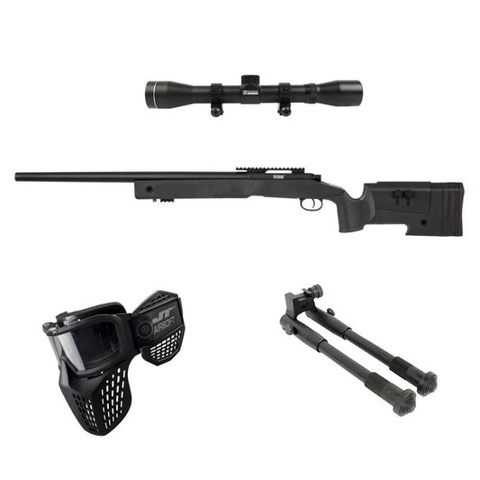 Specna Arms S02 CORE Airsoft Sniper Rifle Package with Scope, Bipod, and Goggle - Black